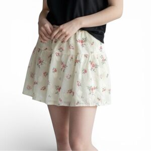 Junior Floral Embroidered Skirt White Pink Flowers Tiered Elastic Waist Size 2